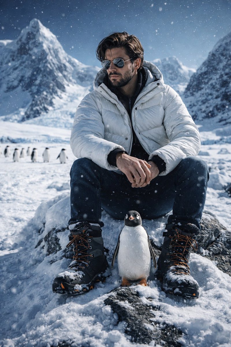 Antarctica Man and Penguin