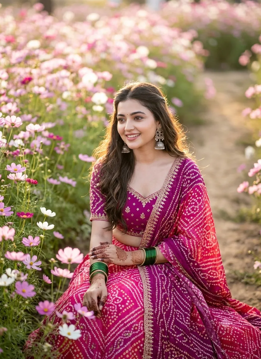 South Asian woman in flower field
