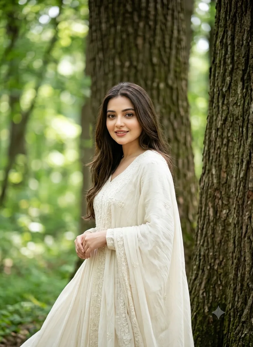 Woman in Lush Woodland