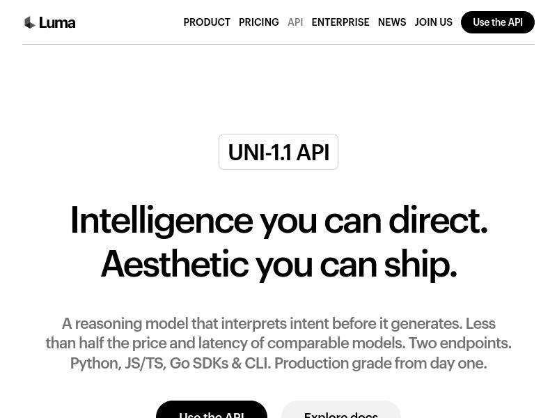 Luma Uni 1.1 API product screenshot