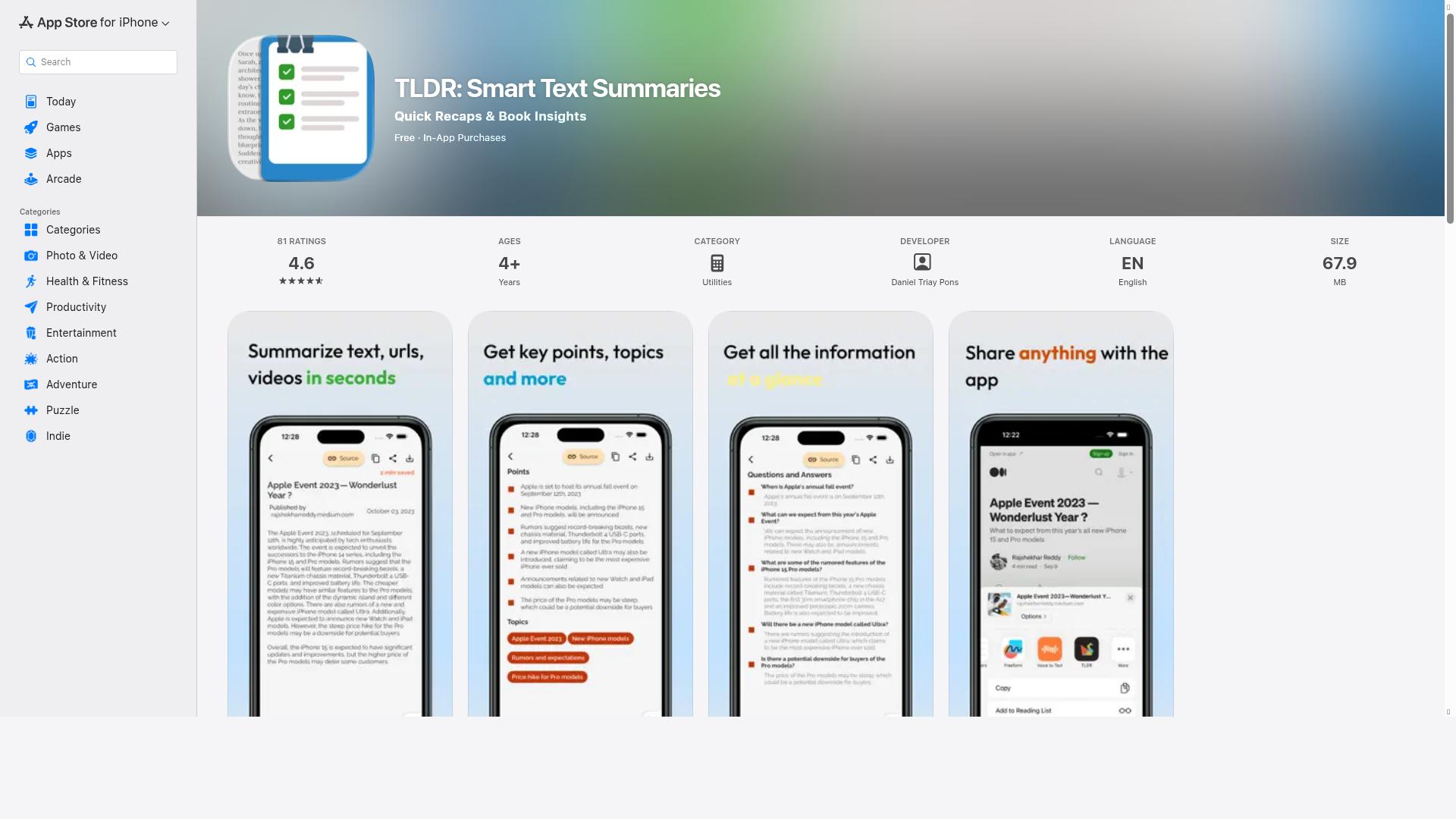 Summary AI TLDR product screenshot